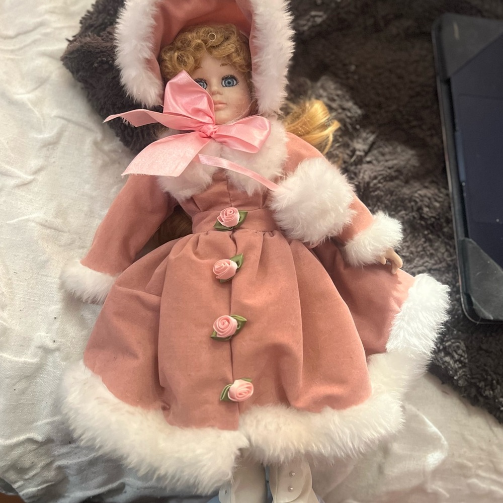 Vintage Mary had a little lamb pink fur coat porcelain doll